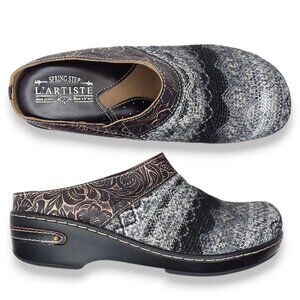L Artiste Zigino Clog Leather Fabric Size 40 US 9 Black Gray Slip On Boho Fall